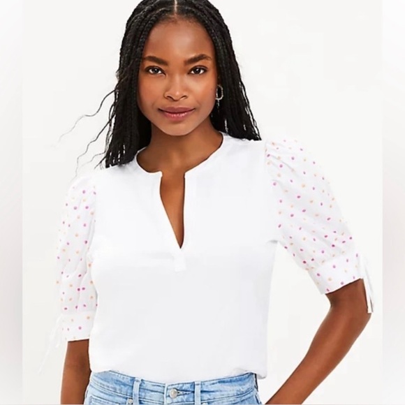 LOFT Tops - Loft White Puff Sleeve Top with Pink and Orange Polka Dots
